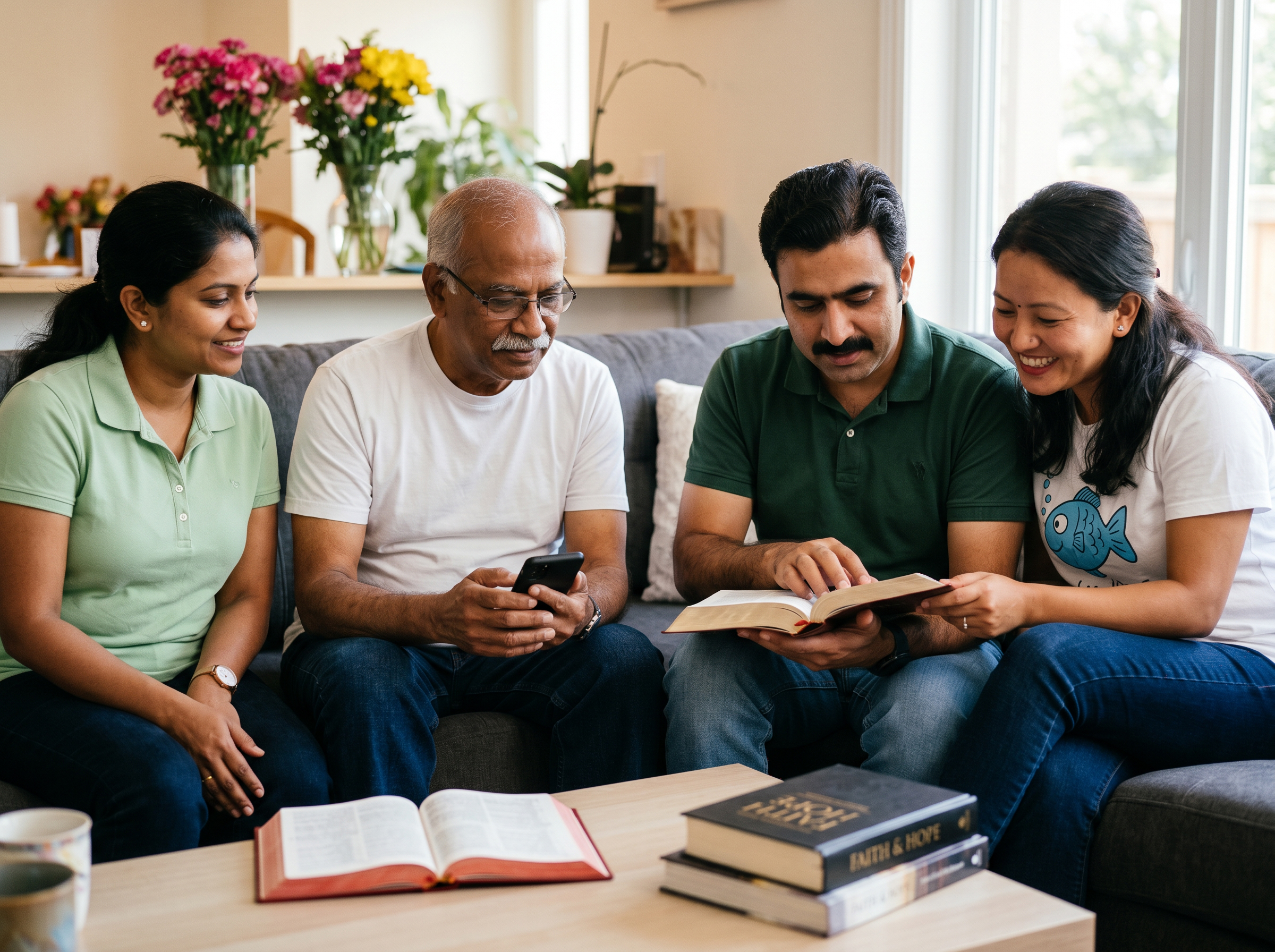 Small multicultural congregation seated in modern foldable chairs during Sunday worship, wooden cross on white wall, worship instruments at front, green indoor plants