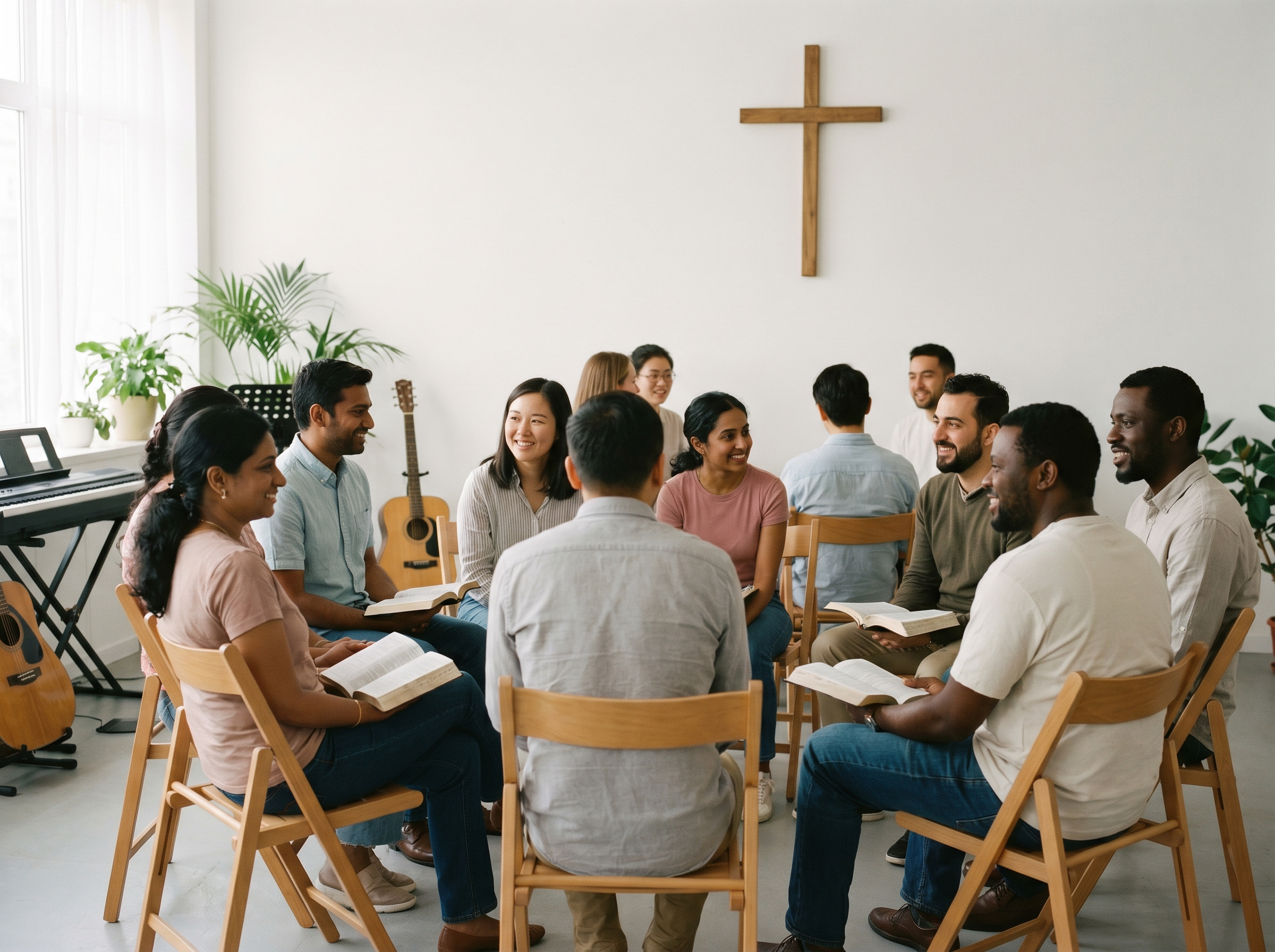 Diverse worship team performing at front of small clean white community room, drum kit keyboard guitar, wooden cross on wall, green plants, congregation in background