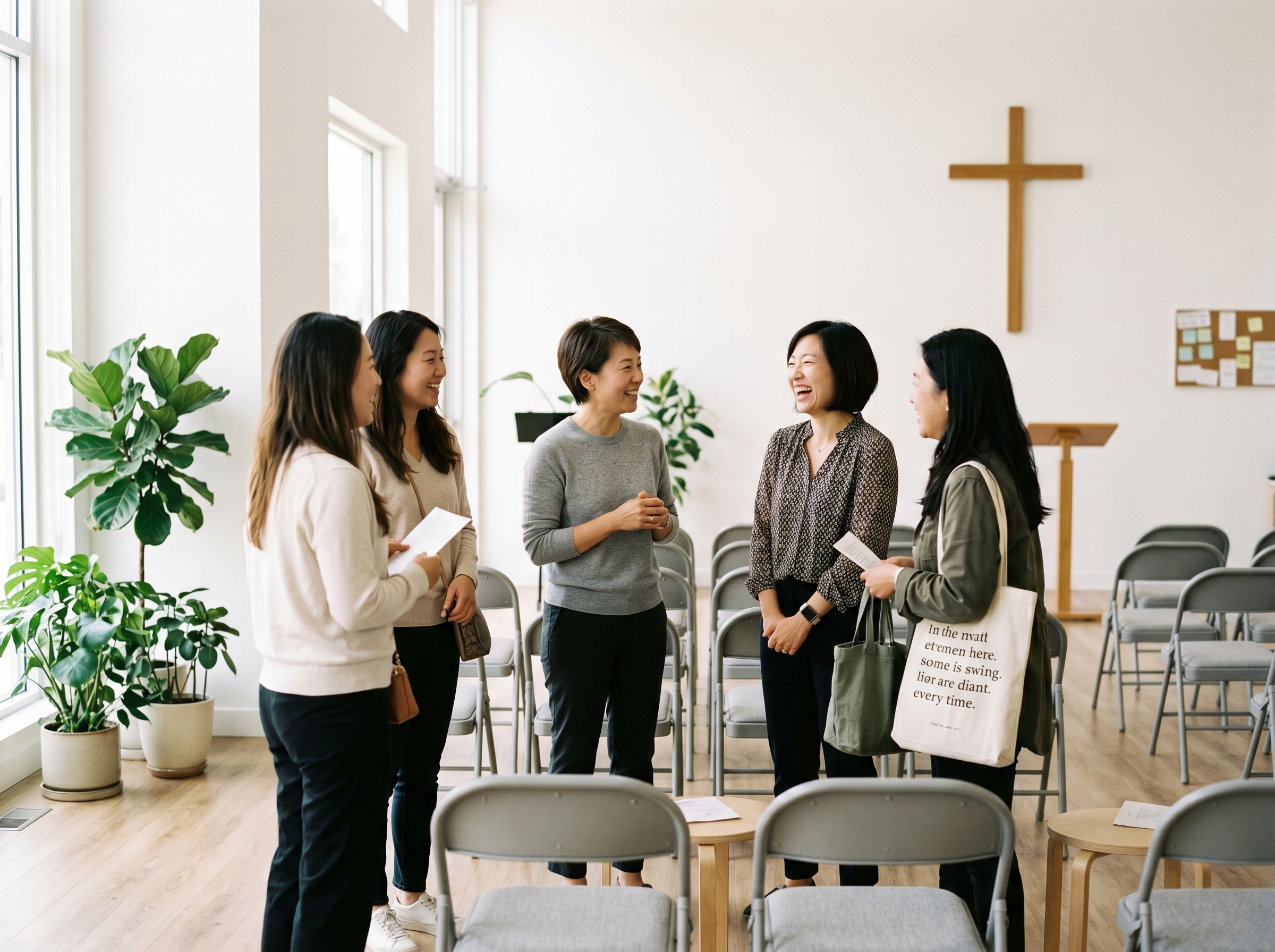 Chinese and Asian congregation seated in modern foldable chairs inside a small clean white-walled room during Saturday Mandarin service, simple wooden cross on wall, green indoor plants, worship keyboard and microphone at front, soft natural light