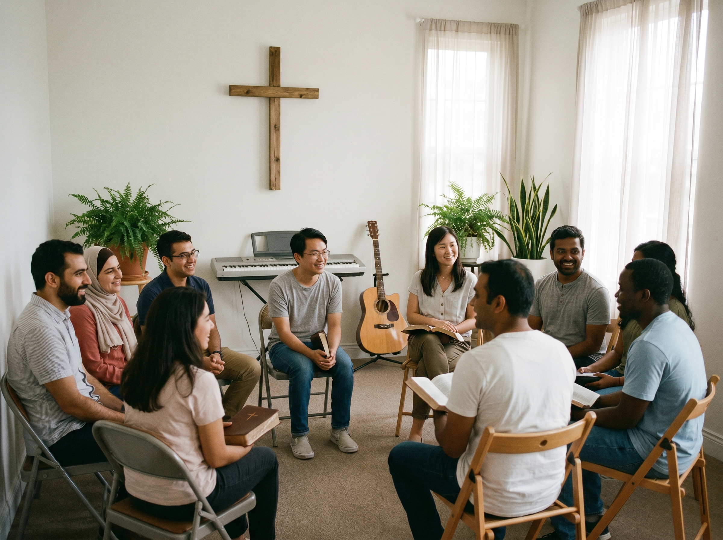 Volunteers and refugees of different nationalities sitting together on modern foldable chairs in a small clean white-walled community room, simple wooden cross on wall, green indoor plants, candid documentary moment, warm natural window light