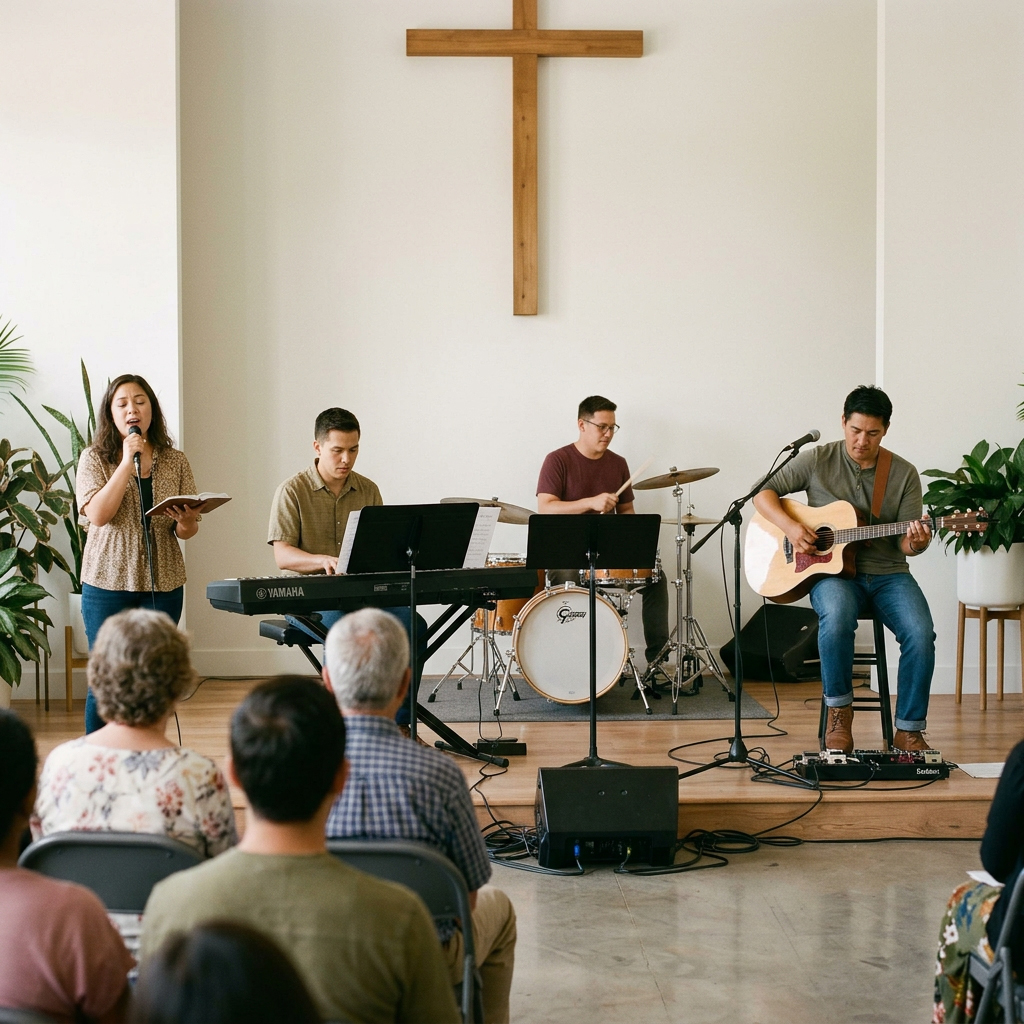 Diverse multicultural congregation seated in rows of modern foldable chairs during Sunday worship service, simple wooden cross on white wall, indoor plants, worship instruments at the front, soft natural light